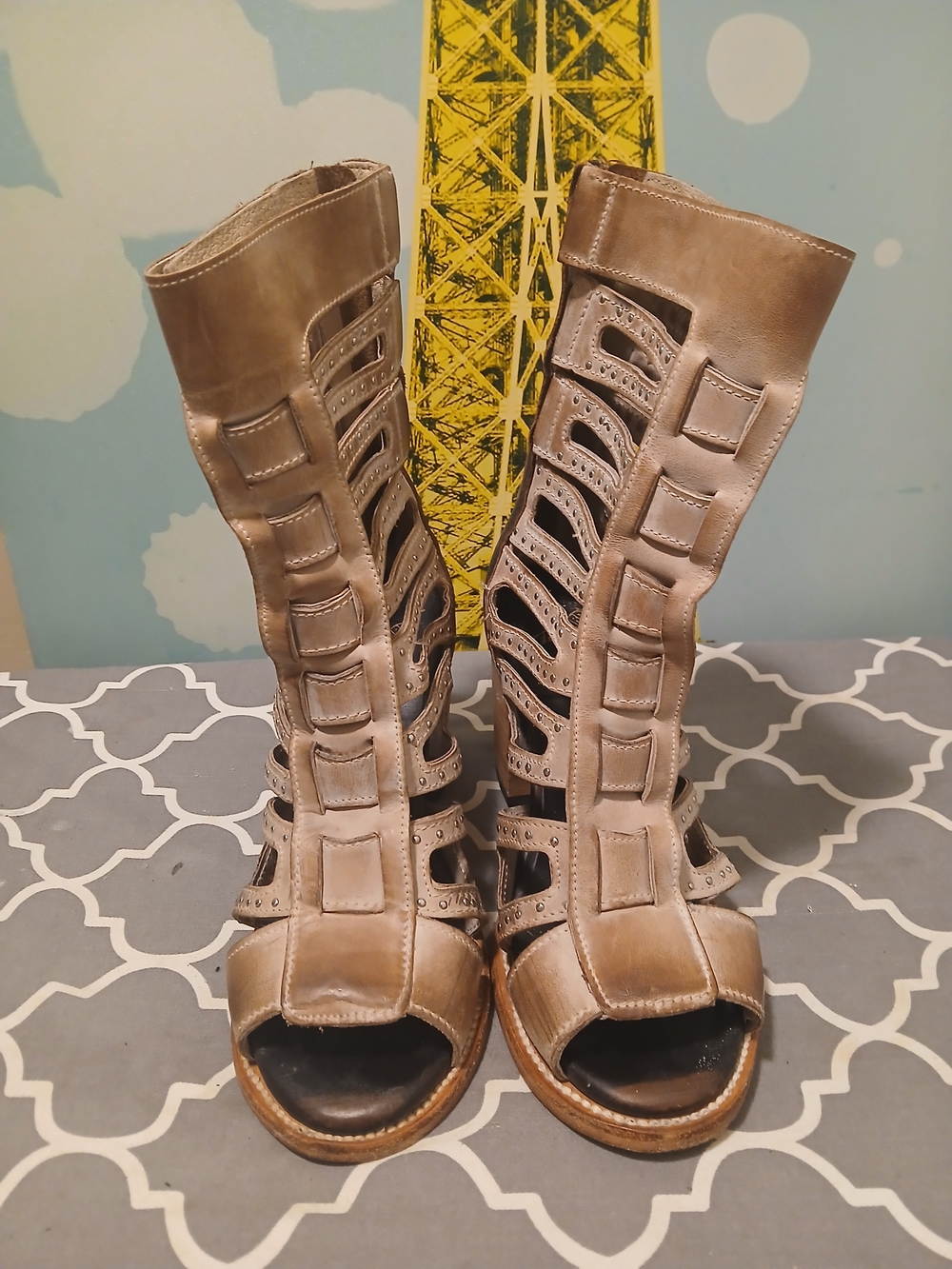 Freebird Women's Lotus Leather Taupe Cutout Gladiator Sandal Heels Sz.8